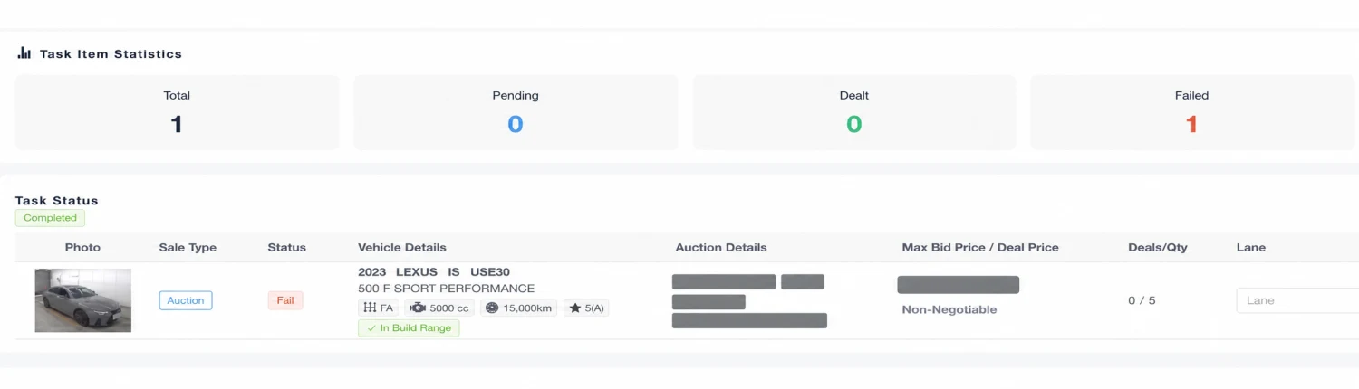 AUCRS production auction task screen showing task statistics, vehicle details and maximum bid